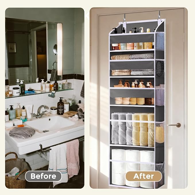 5 Tiers Over Door Organizer with 10 Mesh Side Pockets, 44 lbs Weight Capacity Hanging Storage Organizer with Clear Window Kids Toys, Shoes, Diapers, Dark Gray