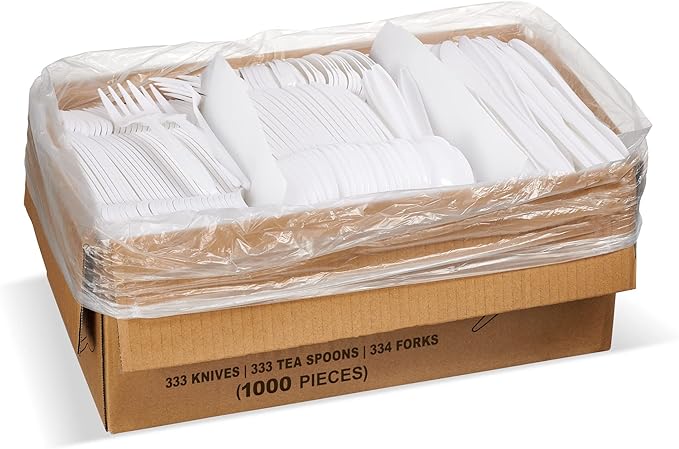 1,000 Plastic Disposable Cutlery Bulk Variety Pack White Medium Weight Includes 334 forks, 333 knives, 333 soup spoons, Disposable Silverware Plastic Cutlery