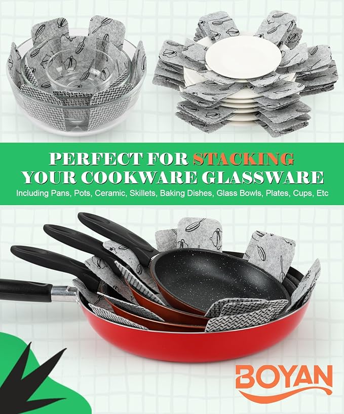 BOYAN Pot and Pan Protectors for Stacking, Set of 6 & 3 Sizes, Felt Pan Separators Dividers Pads for Space Saving, Pot Protectors for Stacking and Protecting Your Cookware