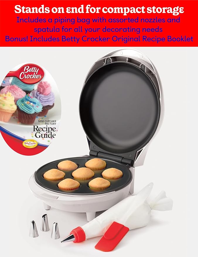 Betty Crocker Mini Cupcake Factory, with Nonstick Surface, Mini Cupcake Machine with Cool Touch Handle & Makes 7 Delicious Cupcakes in Minutes, Pink/White
