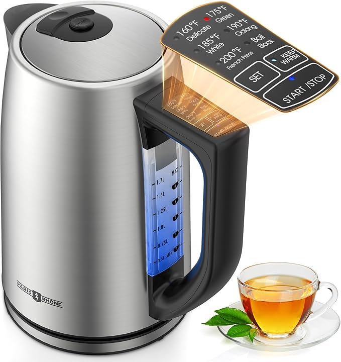 PARIS RHÔNE Electric Kettle with 6 Precise Temperature Presets, 1.7L Stainless Steel Tea Kettle for Oolong & Green Tea, 1500W Fast Boil Coffee Kettle with Strix Control & Keep Warm, Silver