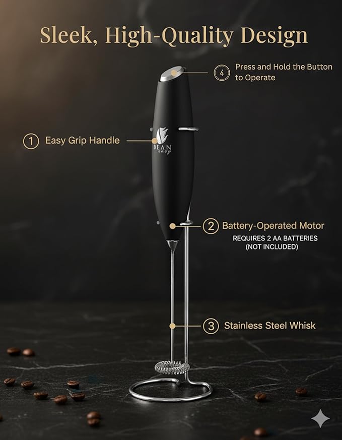 Bean Envy Milk Frother, Coffee Stirrers, Frother Wand, Milk Frother Handheld, Frother with stand, Hand Blender for Coffee, Lattes, Cappuccino, Matcha and Hot Chocolate – Kitchen Gifts - Black