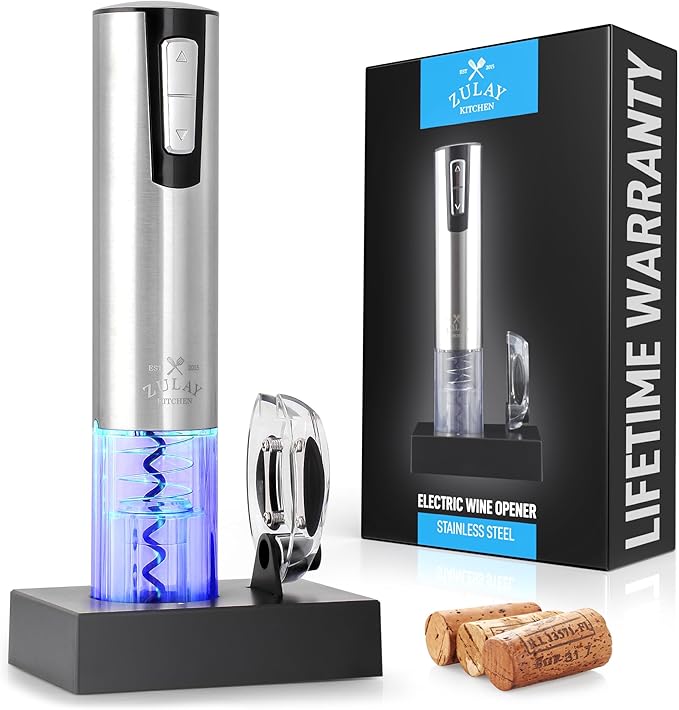 Zulay Kitchen Electric 3-in-1 Wine Bottle Opener Set – with Foil Cutter, USB Rechargeable Corkscrew, Automatic, Cordless, Sleek Stainless Steel Design for Home, Bar & Gifting, for Wine Lovers