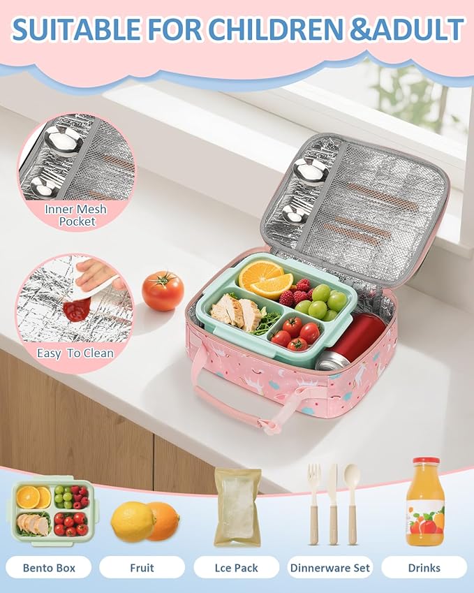 Insulated Lunch Box for Kids, Cute Thermal Lunch Bag for School, Reusable Lunch Tote for Boys and Girls, Durable Cooler Bag with Easy Grab Handle, Lightweight and Easy to Clean Meal Bag, Unicorn