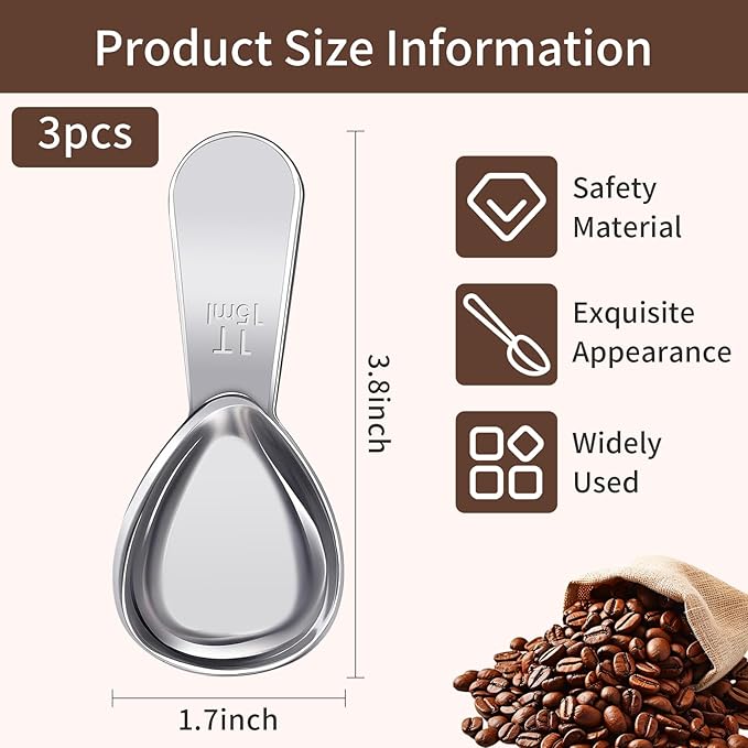3 Pcs Coffee Scoop,1 Tbsp Stainless Steel Measuring Spoon,Tablespoon,Short Handle,Laser Engraved Mark,Drop Resistant,Spoons for Tea,Sugar,Flour or Coffe