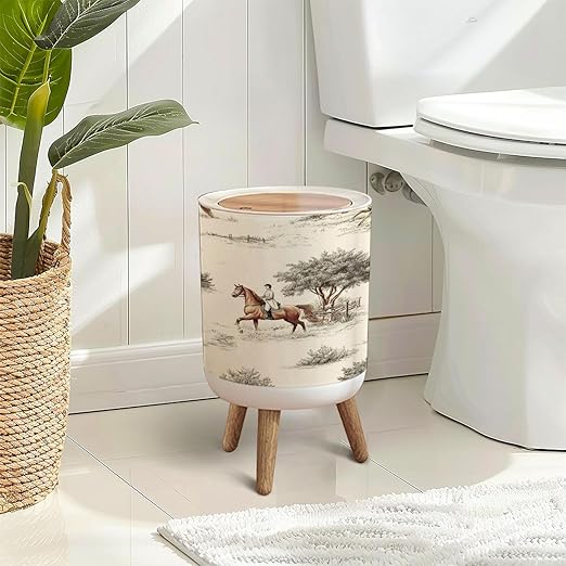 Trash Can with Lid Boho Modern Equestrian Art Vintage Horse Riders Trees Fences Scenes Press Top Round Small Garbage Bin with Wooden Legs Waste Basket for Kitchen Bedroom Nursery 7L/1.8 Gallon
