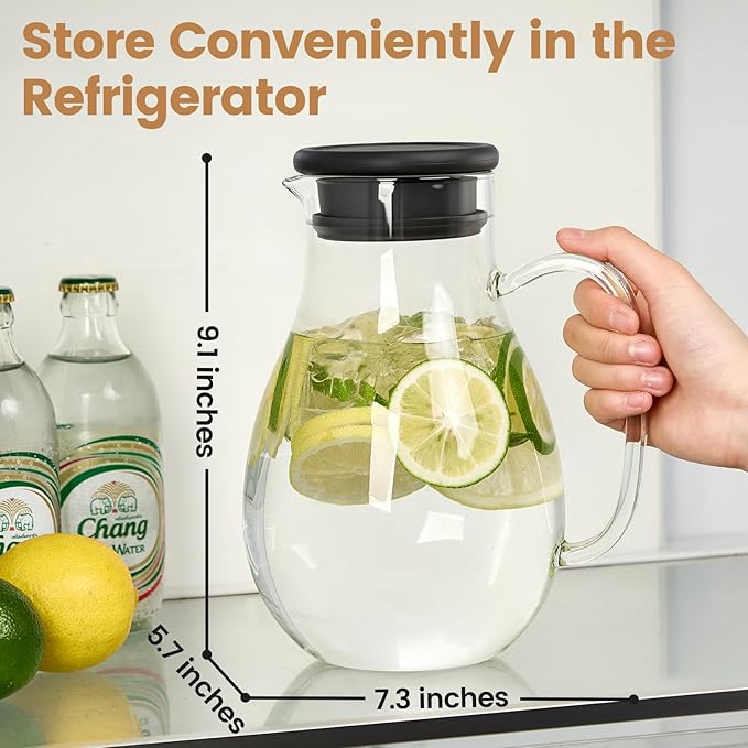 Glass Pitcher with Lid, 68 oz(1/2 Gallon), Hot/Cold Glass Water Jug with Silicone Lid, Borosilicate Glass Carafe Wide Mouth Juice and Iced Tea Beverage Serveware (Round)