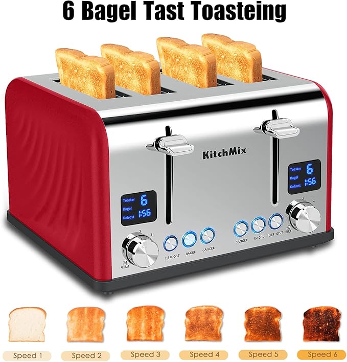 Toaster 4 Slice, KitchMix Bagel Stainless Toaster with LCD Timer, Extra Wide Slots, Dual Screen, Removal Crumb Tray (Red)