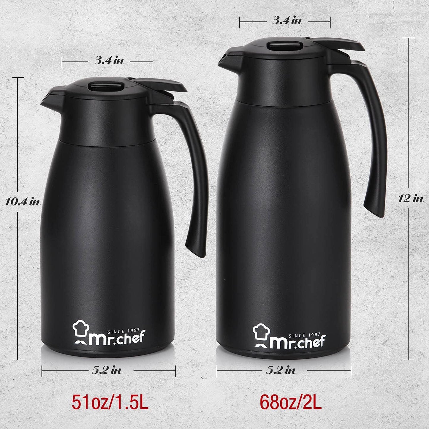 SINCE 1997 MR.CHEF 68Oz Thermal Coffee Carafe, Insulated Stainless Steel Coffee Carafes for Keeping Hot/Double Walled Vacuum Coffee Carafe (White, 2L)