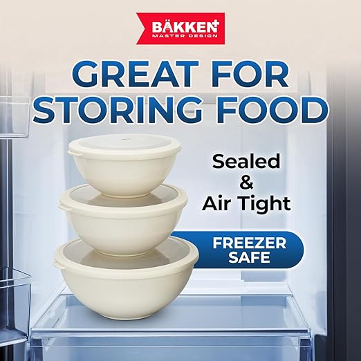 Bakken Master 12 Piece Plastic Nesting Bowls with Lids - Mixing Bowls Set includes 6 Prep Bowls and 6 Lids, BPA-Free, Reusable Meal Prep Containers, Microwave, Freezer & Dishwasher Safe, White Cream