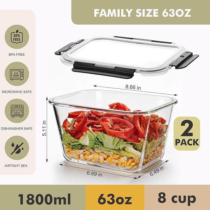 Liuruiyu 2 Pack Large Glass Food Storage Containers with Lids, 63oz Big Meal Prep Containers, Airtight Bento Boxes with Leak Proof Locking for Microwave, Oven, Freezer and Dishwasher, BPA Free