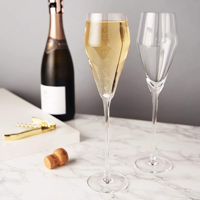 Viski Angled Prosecco Sparkling Wine Glasses, Crystal Clear Long Stemmed Champagne Glasses Gift Set, Sleek Glassware for Wedding Gifts, Housewarming, Dinner Party, Home Bar, 8 oz, Set of 2