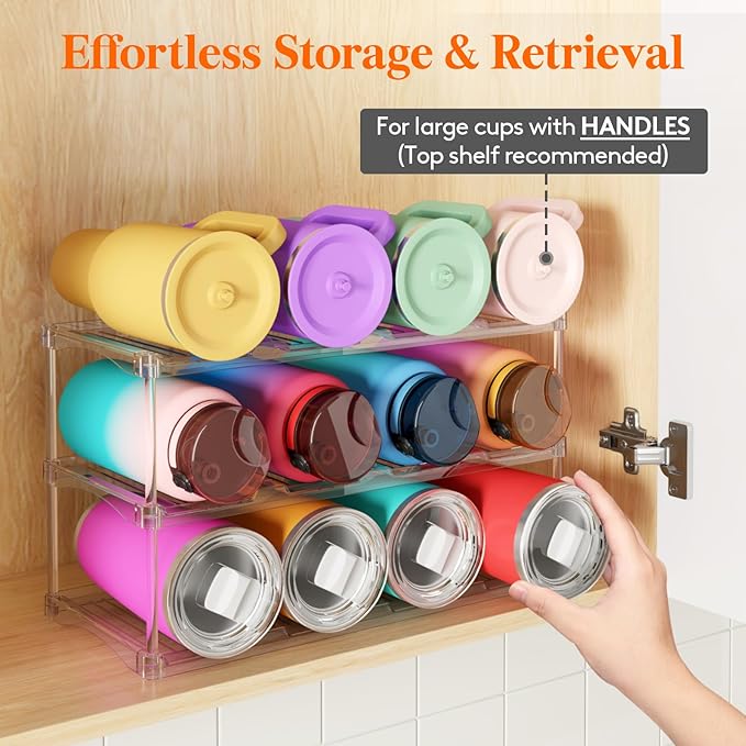 Lifewit Stackable Bottle Storage Organizer, Clear Freestanding Wine Holder for Cabinet, Large Slot Water Bottle Tumbler Cup Organizer for Pantry, Plastic Wine Rack for Fridge Cellar, 3Tier Hold 12