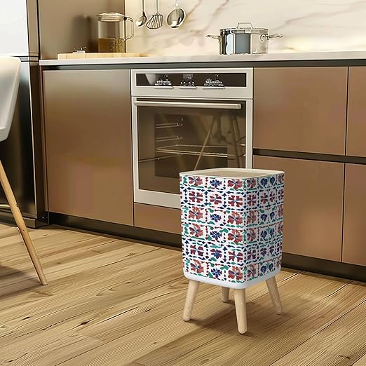Small Trash Can with Lid Mexican vintage talavera tiles seamless pattern theme Fashionable Red Wastebasket with Press Cover Dog Proof Garbage Can Waste Bin for Kitchen Bathroom Nursery 2.6 Gallon