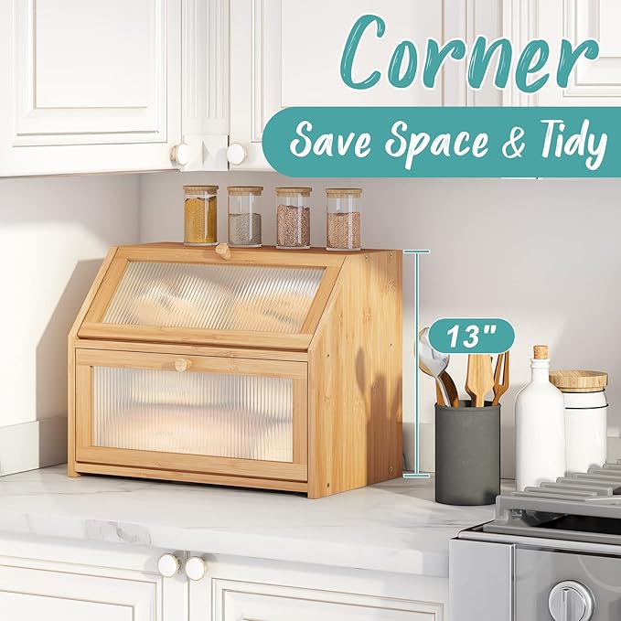 Bread Box for Kitchen Counter, Large Bamboo Wood Double Layer Bread Box, Wooden Bread Storage Capacity