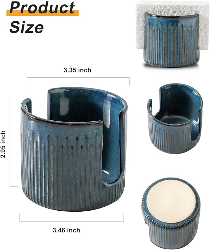 Ceramic Sponge Holder for Kitchen Sink, Scrub Sponge Dish Rack, Farmhouse Compact Sink Caddy Organizer, Glazed Blue