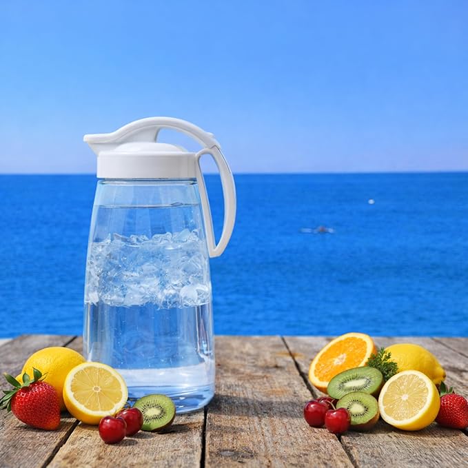 Water Pitcher with Lid for Fridge, Slim 74 oz (2.3 qt) Beverage Airtight Pitcher for Drinks, Tea Jug with Easy Pour Spout, Space Saving Refrigerator Container, BPA-Free SAN Plastic, Made in Japan