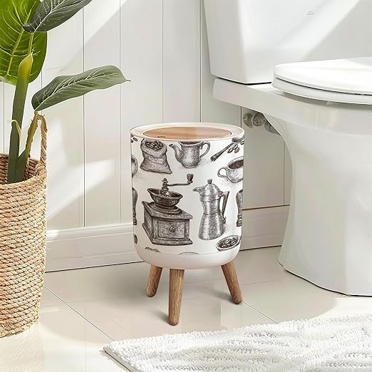 Trash Can with Lid Vintage Coffee Equipment Hand Drawn Seamless Press Top Round Small Garbage Bin with Wooden Legs Waste Basket for Kitchen Bedroom Nursery 7L/1.8 Gallon