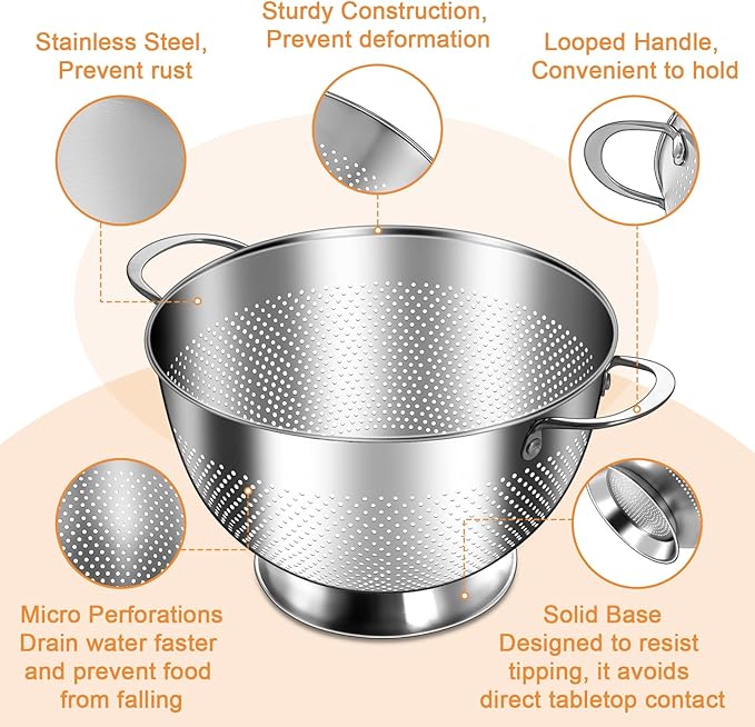 Stainless Steel Colander Set of 3 (1.5-3-5Quart) | Durable Rice and Pasta Strainer with Handle | Oversized Handles | Nesting Design | Rust-Resistant & Dishwasher Safe
