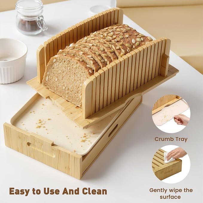Bamboo Bread Slicer for Homemade Bread Adjustable Width Slicing Guides, Compact Loaf Cutter for Perfect Slices