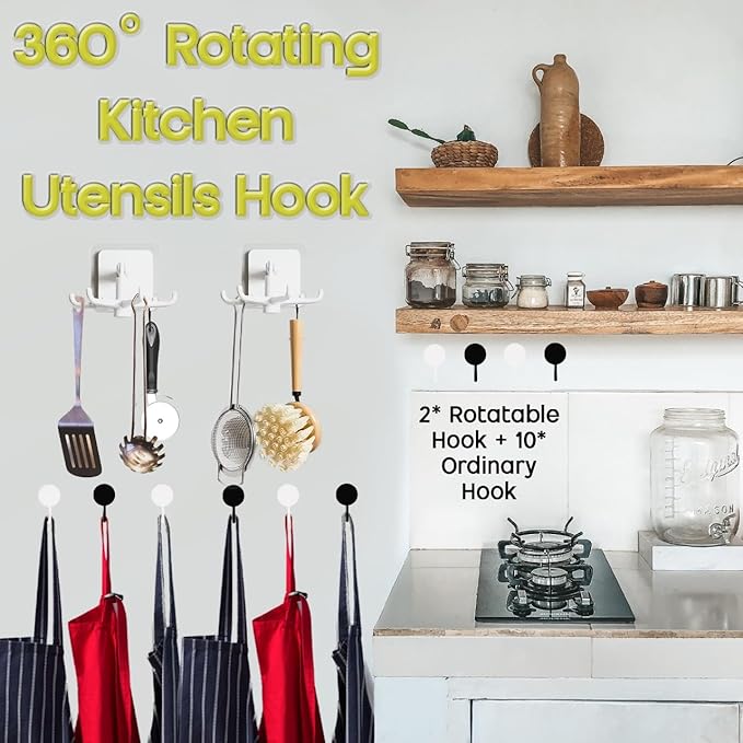 2 Pack Rotating Adhesive Hook Hanger – 10-Hook Kitchen & Bathroom Organiser, Under Cabinet Storage for Utensils, Towels & Tools, Space-Saving Swivel Hooks for Home & Garage