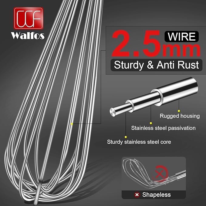 Walfos Whisk,14in Large Whisks, Heavy Duty Stainless Steel Wire Whisk for Blending, Whisking, Beating Suitable for stirring and mixing containers such as deep pots or big bowl at home or store.