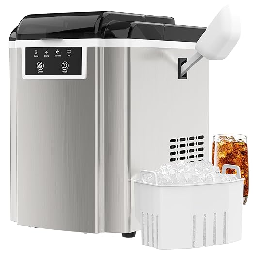 Countertop Ice Makers Machine with Basket and Scoop, 38Lbs/24h Soft Chewable Pellet Ice, One-Click Operation, Nugget Ice Maker for Home, Kitchen, Camping, RV, Office and Party,Sliver