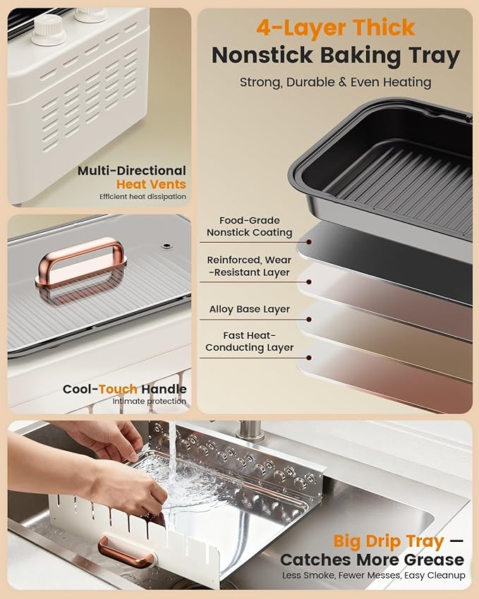 XHJ 4-in-1 Electric Indoor Grill Smokeless for Home,Countertop Electric Grill with Removable Sizzling Grill Pan & Grate + Auto Rotating Kabob Skewers + Electric Hot Dog Roller Dual Zone Cook with Lid