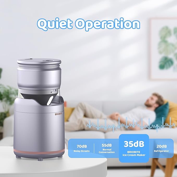 BRIOBITE Ice Cream Maker,Rechargeable Soft Ice Cream Machine with Low Noise,Compact for 1-2 Servings,Perfect for Sorbet,Gelato,Frozen Yogurt,Silver