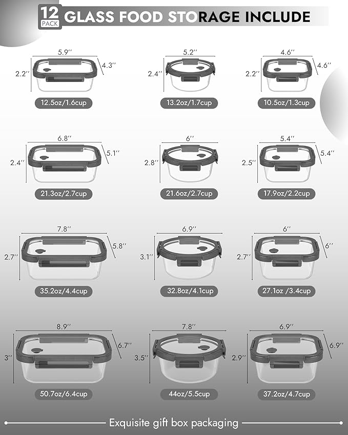 12-Pack Glass Containers with Tempered Lids – Borosilicate, Oven-Safe(-4°F~950°F), Airtight, BPA-Free, Multi-Size for Meal Prep, Dishwasher Safe (Gray)