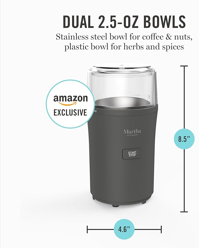 Martha Stewart Electric Coffee & Spice Grinder, Dual 2.5oz Removable Bowls, Storage Lids, Stainless Steel Blades, One Touch Pulse Control, 2-in-1 Compact, Beans & Spices, Herbs & Nuts, Caviar Gray