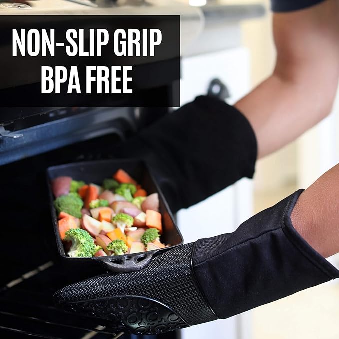 BPA-Free Soft Silicone 4 Piece Oven Mitts & Trivets Set - Ultra Heat Resistant Oven Mitts with Thick Cotton Liner - Long Slip Resistant Pot Holders, Flexible Oven Gloves - Black