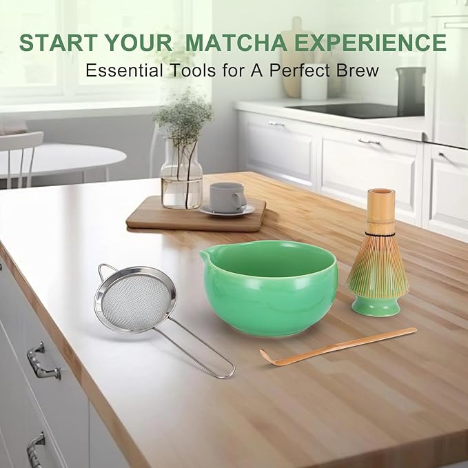 5Pcs Matcha Whisk Set, 18OZ Matcha Bowl With Thoughtful Spout, 100% Natural Bamboo Whisk, Ceramic Whisks Holder, 304 Stainless Sifter, Tea Scoop, Tea Spoon, Gift for Matcha Lovers Beginner