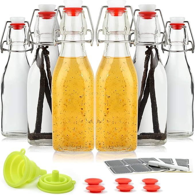 WILLDAN Set of 12-8.5oz Swing Top Glass Bottles - Flip Top Brewing Bottles For Kombucha, Kefir, Vanilla Extract, Beer - Airtight Caps and Leak Proof Lids, Bonus Gaskets and Funnel