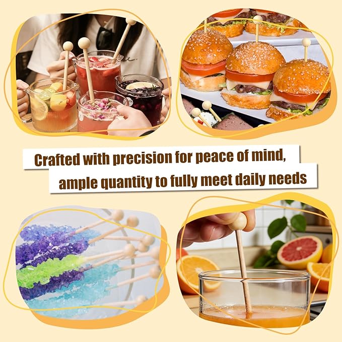 100PCS Rock Candy Sticks with Ball Tips,6 Inch Wood Swizzles Sticks,Natural Wood Cake & Drink Stirrer Sticks for Lollipop Coffee Appetizer Skewers (Multi-color)