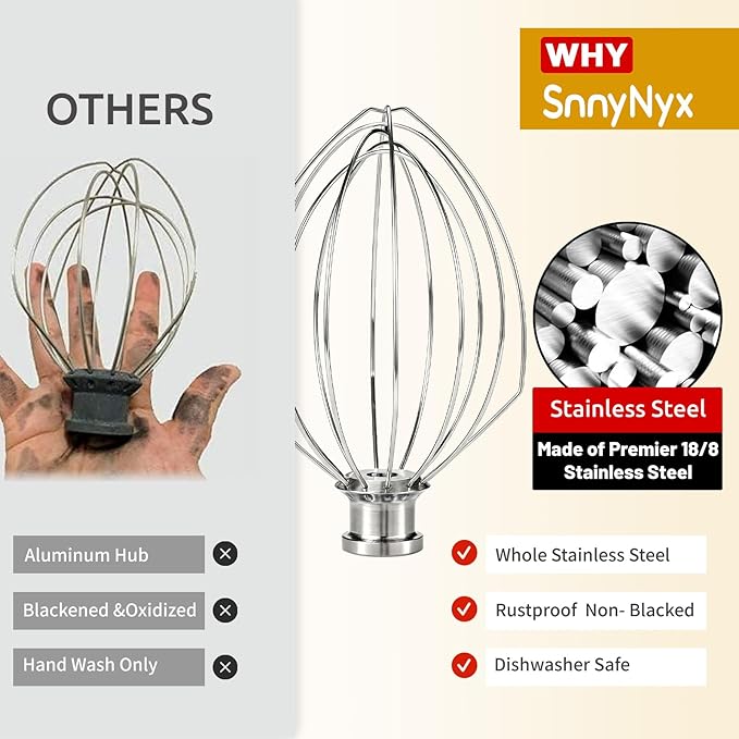 K5A 6 Wire Whip Attachment for KitchenAid 5 6 Quart Bowl Lift Stand Mixer, Dishwasher Safe, 18/8 Stainless Steel, 6 Wire Whip for K4, K5, K5SS, KSM5, KG25, KF26, KP50, KSM6573, Professional 6000