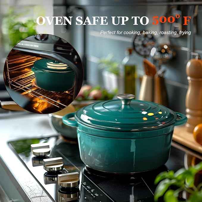 Overmont Enameled Cast Iron Dutch Oven - 5.5QT Pot with Lid Cookbook & Cotton Potholders - Heavy-Duty Cookware for Braising, Stews, Roasting, Bread Baking bottle green
