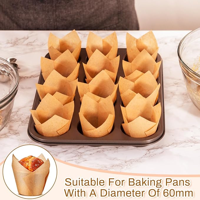 Motiskyy 600 Pcs Jumbo Muffin Liners for Baking 2-1/4" x 4" Large Tulip Cupcake Liners Greaseproof Cupcake Wrapper Paper for Weddings Birthday Christmas Anniversaries Party (Light Brown)