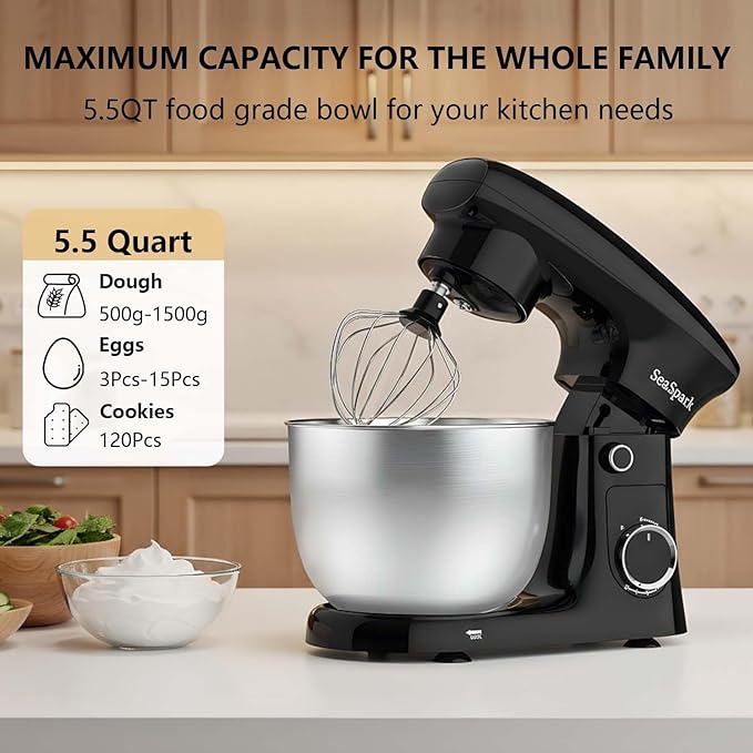 Stand Mixer, 3 in 1 Stand Mixer, 5.5Qt Electric Mixer, Mixer with Stainless Dough Hook, Wire Whip & Beater, Food Mixer for Baking, Cake and Most Home Cooks, Black