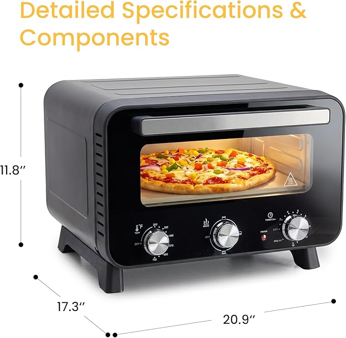 Simple Deluxe 1600W Indoor Electric Pizza Oven, 4 Cooking Modes for 12" Pizza, Fast Heating with Dual Independent Temp Control, Includes Pizza Stone & Spatula, Black