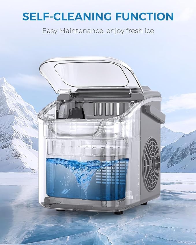 Countertop Ice Maker Machine, Portable Compact Small Bullet Ice Maker with Self Cleaning Function Makes 8 Cubes in 6 Minutes, Up to 26lbs in 24 Hours, Ideal for Camping Dorm Home Outdoor Use (Grey)