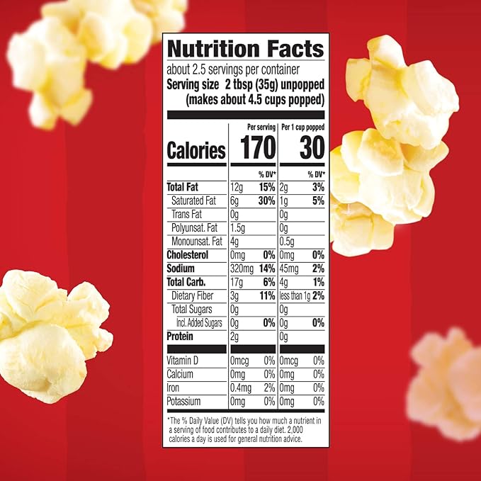 Orville Redenbacher’s Microwave Popcorn, Butter Flavor, 3g Fiber Per Serving, 3.29 oz., 36-Count (Pack of 2)