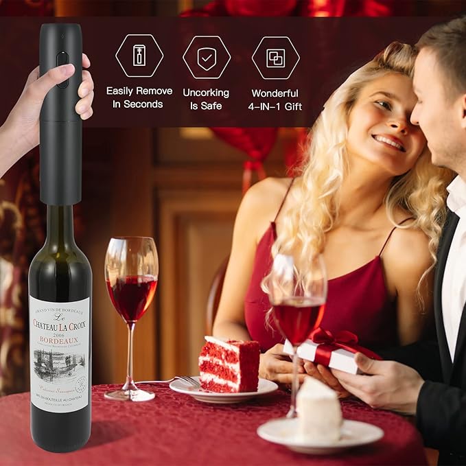 VIDYSUFYR Electric Wine Bottle Opener Set with Charging Base- Black, Automatic Wine Bottle Opener with Led Light, Rechargeable Corkscrew Kit with Aerator，Foil Cutter，Stoppers