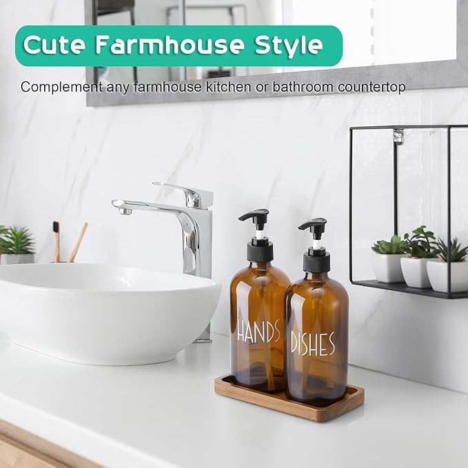 ALELION Amber Dlass Soap Dispenser for Kitchen - 16 OZ Hand and Dish Soap Dispenser Set with Acacia Wood Tray - for Kitchen Decor and Accessories