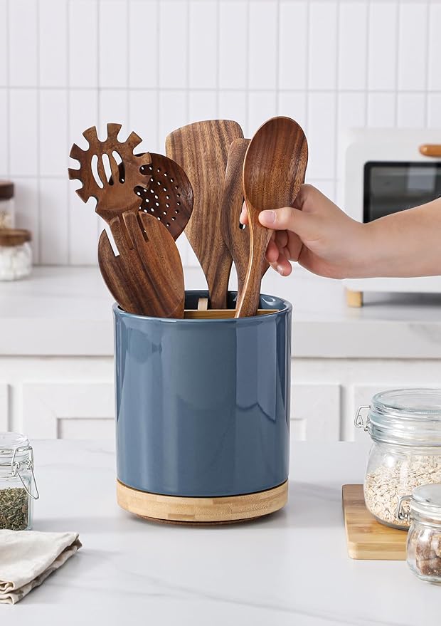 LoeJan 3 Compartment Utensil Holder, Extra Large Utensil Crock, Stable Ceramic Utensil Organizer, Cooking Tool Organizer Set for Kitchen Counter Farmhouse Decor, Blue