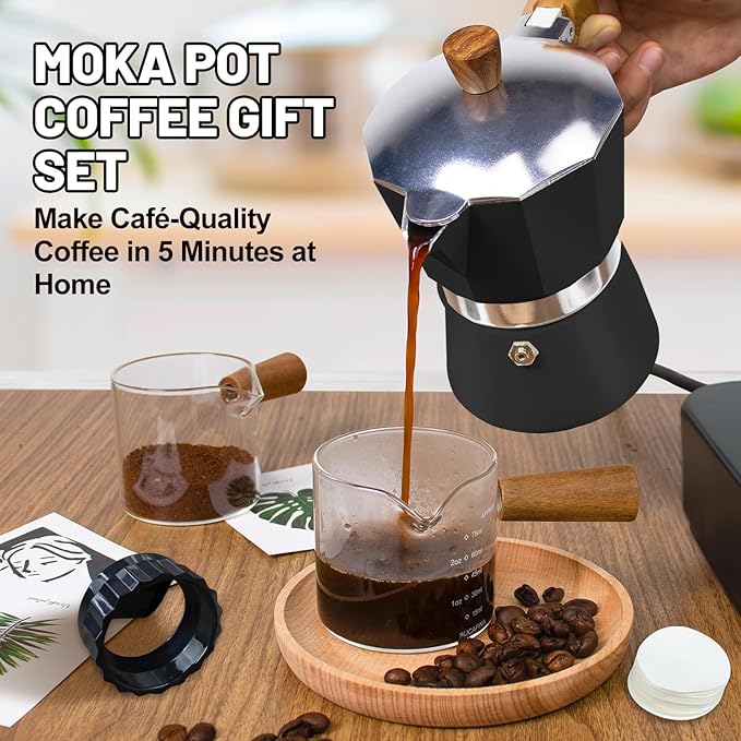 4-in-1 Moka Pot Espresso Set with Electric Stove 3 Cup Aluminum Stovetop Coffee Maker Percolator Italian Classic Mocha Coffee Machine with Powder Dispenser Filter Paper Portable Camping Black