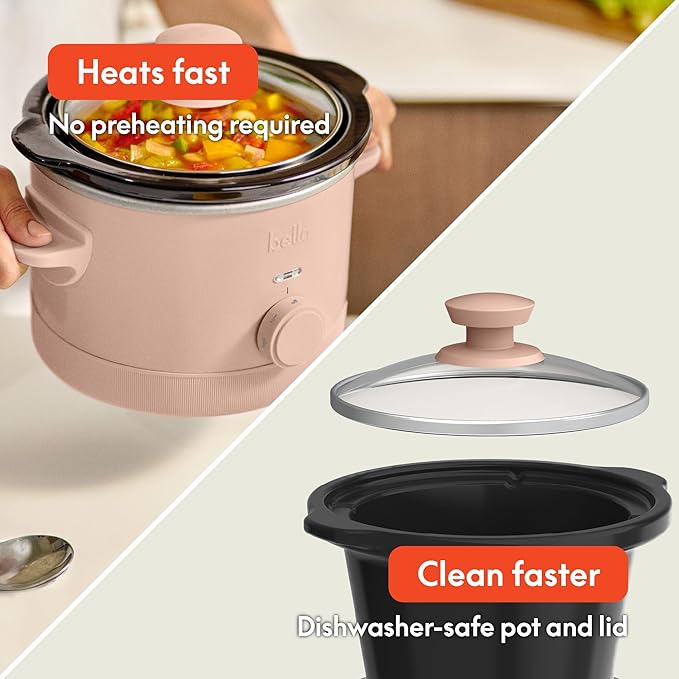 bella 1.5 Qt Slow Cooker with 3 Heat Manual Control, Ceramic Nonstick Coating, Dishwasher Safe Stoneware Pot and Tempered Glass Lid, Tangle Free Cord Wrap & Cool Touch Handles, Blossom