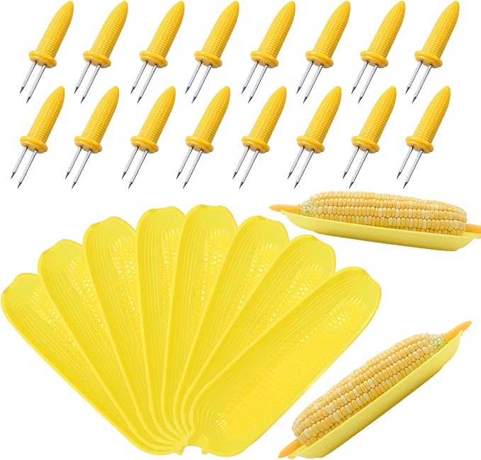 Corn Dishes and Holders - 16 Pack Holders, 8 Pack Dishes - Stainless Steel, Perfect for Corn on the Cob