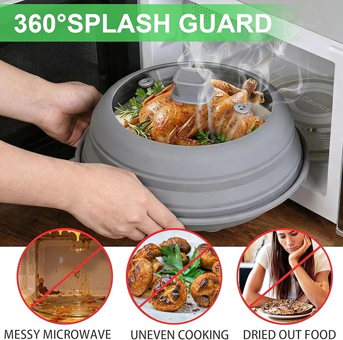 3 in 1 Microwave Splatter Glass Cover with Silicone Mat and Base Plate,BPA Free Collapsible Silicone Microwave Food Cover with Vent Hole and Anti-scald Silicone Handle,Dishwasher Safe (Large-Gray)