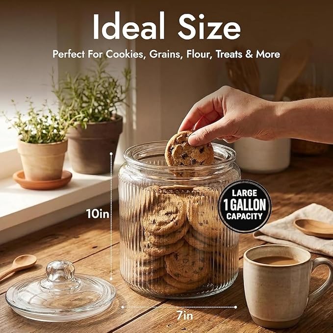 kitchentoolz 1 Gallon Ribbed Glass Cookie Jar - Large Food Storage Container with Airtight Lid - Keep Fresh Flour, Chewy Pet Treats, Candy, Dried Foods - Pack of 2